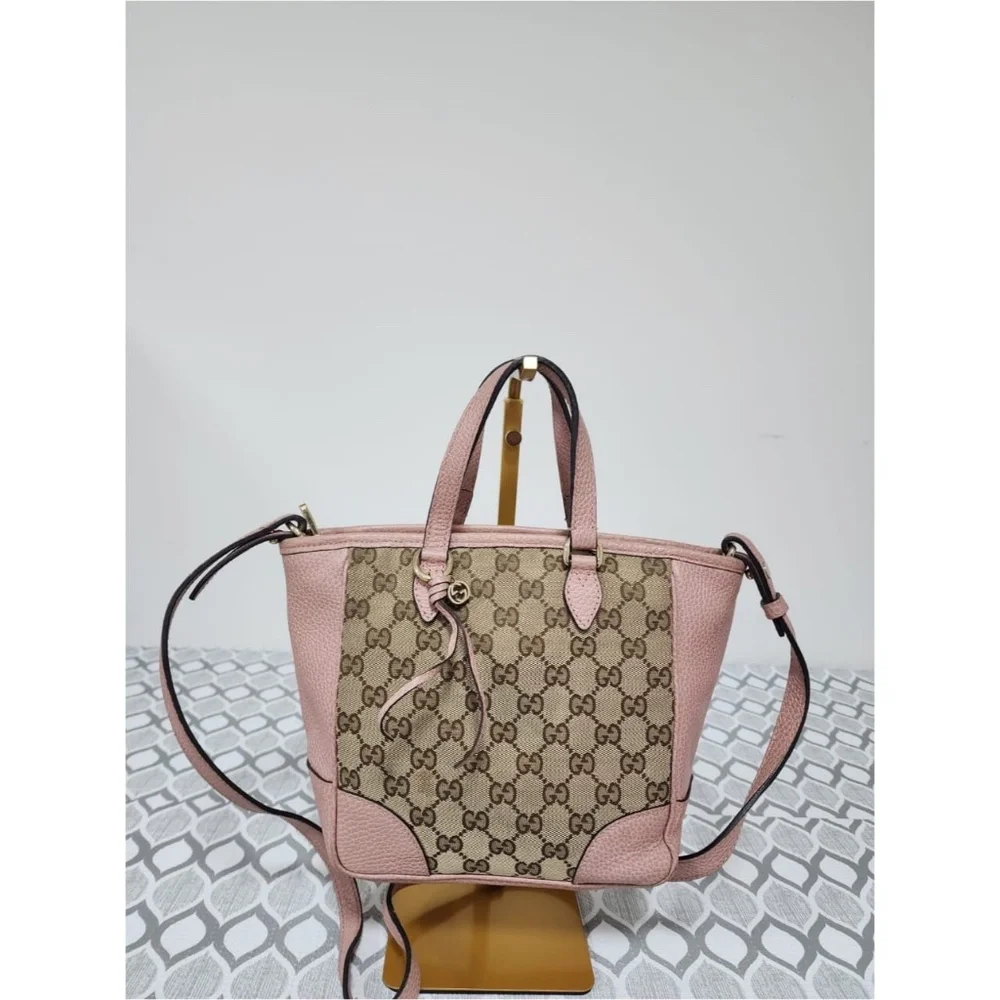 Authentic Gucci Small GG Canvas Bree satchel Bag Beige/Pink